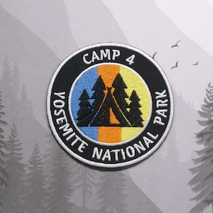 Iron On Yosemite Patch Camp 4, Embroidered Adventure Badge for Backpack Jacket, National Park Trail Gift, Wilderness Sunset Patch, Hiking
