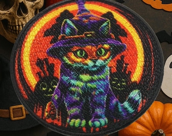 Läskig kattlapp/stryklapp/månbelyst svart katt, häxvibbar/sys på applikation för Halloweenkostym, jacka, ryggsäck, bus-or-godis-väska