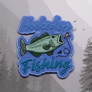 Hooked on Fishing Patch Embroidered DIY Iron-on/Sew-on Applique Badge Backpack Vest Jacket Jeans Clothing Bag Bass Catfish Trout Bluegill