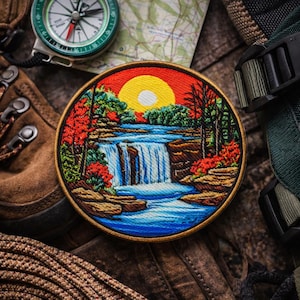 Waterfalls Patch/Iron On Patch/Nature Lover Gift, Outdoor Mountain Adventure Souvenir/Sew-On Applique for Clothing Vest/Jacket Backpack Hats