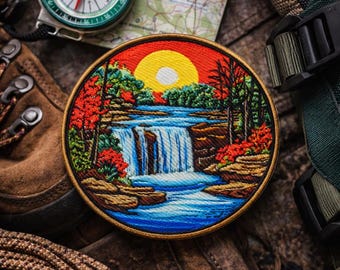 Waterfalls Patch/Iron On Patch/Nature Lover Gift, Outdoor Mountain Adventure Souvenir/Sew-On Applique for Clothing Vest/Jacket Backpack Hats