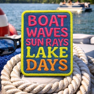 Boat Waves Sun Rays Lake Days Patch – Lake Life Boating Embroidered Iron On Sew On Applique – Summer Outdoor Souvenir