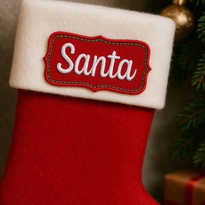 Iron On Personalized Christmas Patch Embroidered Name Tag for Stocking, Holiday Bag, Custom Santa Label, Kids Gift Tag, Festive Applique