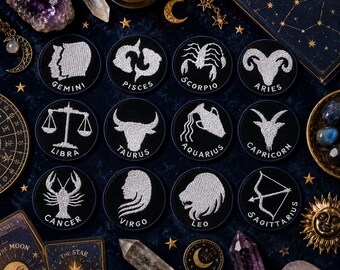 Parche de signo del zodíaco/Parche termoadhesivo/Regalo de cumpleaños/Insignia de astrología del horóscopo, Símbolo del signo zodiacal/Aplique bordado para coser en ropa y chaqueta