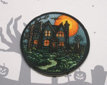 Iron-On Haunted House Patch, Sew-On Applique for Jacket, Backpack, Trick-or-Treat Bag, Creepy Cottage Badge, Spooky Moonlight Patch
