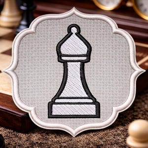 White Bishop Chess Piece Patch/Iron-On Patch/Strategy Board Game/Clubs & Tournament/Embroidered Sew-on Applique for Clothing Jacket Backpack