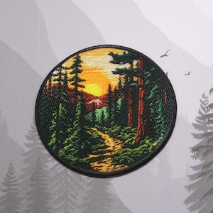 Iron On Hiking Trail Patch, Sew-On Applique for Jacket Backpack, Adventure Gift, Outdoor Sunset Badge, National Park Patch, Wilderness Patch