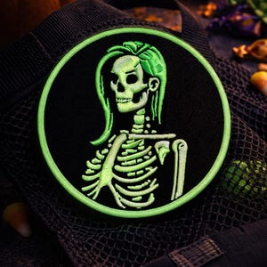 Glow In The Dark Skeleton Girl Patch/Iron On Patch/Halloween Costume/Spooky Babe Badge/Sew-On Applique for Clothing Vest/Jacket Backpack