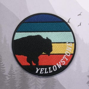 Iron On Buffalo Patch, Embroidered Yellowstone National Park Badge for Backpack Jacket, Sunset Trail Applique, Wilderness, Outdoor Adventure