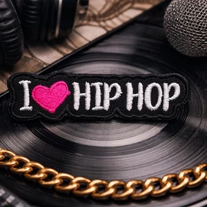 I Love Hip Hop Patch/Iron-On Patch/Music Genre, Headphones Records Rap DJ Gift/Embroidered Sew-On Applique for Clothing Vest/Jacket Backpack