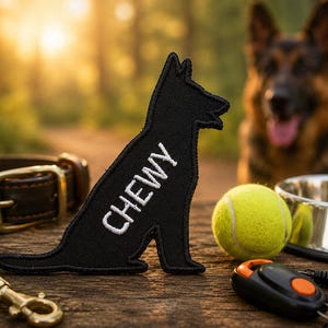 May include: A black fabric patch shaped like a dog silhouette with the name CHEWY embroidered in white thread. The patch is positioned alongside a brown leather collar, a yellow tennis ball, a metal bowl, and a black clicker training device.
