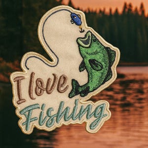 I Love Fishing Patch/Iron-On Patch/Embroidered Sew-On Applique for Jackets/Vest Clothing Backpack/Lake Life Badge/Bass Angler Gift/Trout