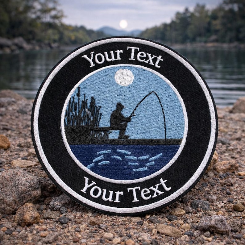 Custom Text Patch/Personalized Fishing Gift/Iron On Patch//Fisherman Lake Life/Embroidered Sew-On Applique for Vest/Jacket Clothing Backpack image 1
