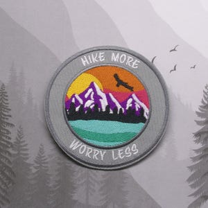 Iron On Hike More Worry Less Patch, Embroidered Applique for Jacket Backpack, Outdoor Adventure, Mountain Sunset Badge, Wilderness Patch