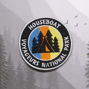Iron On Voyageurs Patch Houseboat Edition, Embroidered Adventure Badge for Backpack Jacket, National Park Trail Gift, Wilderness Patch