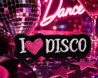 I Love Disco Patch / Bügelbild / gestickte Aufnäher für Kleidung Weste Jacke Rucksack, Musik Genre, Kopfhörer Schallplatten Instrument