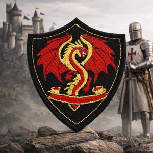 Dragon Crest Patch/Iron On Patch/Medieval Coat of Arms Shield Logo/Mythical Beast/Embroidered Shield Applique for Clothing Jacket Backpack