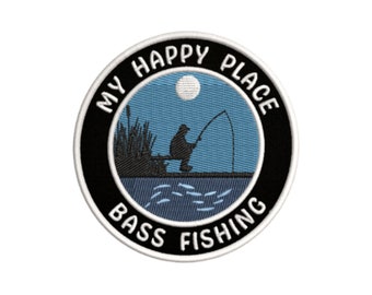 My Happy Place - Bass Fishing 3.5" Embroidered DIY Iron Decorative Patch Badge Emblem Applique~Lake Life Pro Bass Fishing Souvenir Series