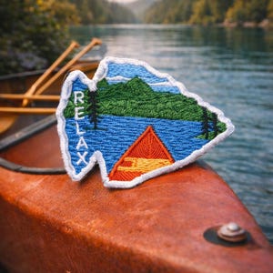 Lake Patch/Iron-On Patch/Arrow Head Shape/Canoe Adventure/Nature Badge/Embroidered Sew-On Applique for Clothing Vest/Jackets Hats Backpacks