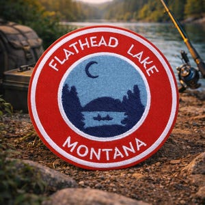 Flathead Lake Patch/Iron-On Patch/Montana Souvenir/Nature Fishing Camping Gift/Embroidered Sew-On Applique for Clothing Vest/Jacket Backpack