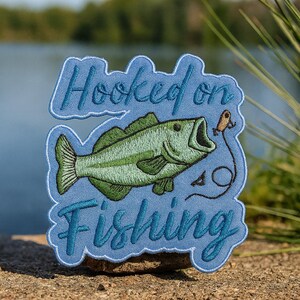 Hooked on Fishing Patch/Iron-On Patch/Bass Catfish Trout Bluegill Fish/Embroidered Sew-on Applique for Clothing Vest/Jacket Hats Backpack