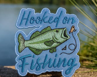 Hooked on Fishing Patch/Iron-On Patch/Bass Catfish Trout Bluegill Fish/Embroidered Sew-on Applique for Clothing Vest/Jacket Hats Backpack