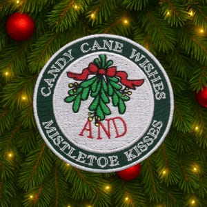 Iron On Mistletoe Patch Embroidered Applique for Backpack, Clothing, Jacket, Candy Cane Wishes Badge, Holiday Cheer Patch, Festive Saying