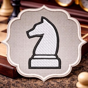 White Knight Chess Piece Patch/Iron-On Patch/Strategy Board Game/Clubs & Tournament/Embroidered Sew-on Applique for Clothing Jacket Backpack