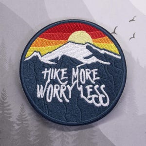 Iron On Hike More Worry Less Patch, Embroidered Applique for Jacket Backpack, Adventure Gift Idea, Hiking Badge, Mountain Explorer Patch