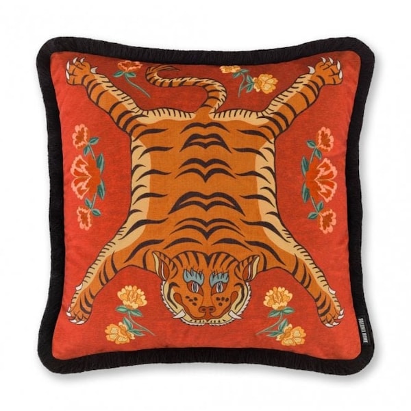 CLEARANCE - PALOMA FAITH - 1 x Tibetan Tiger Red Tasseled Edge Feather or Poly Cushion - 55 x 55cm