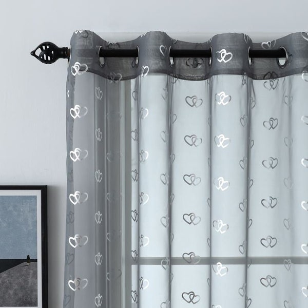 Silver ENTWINED HEARTS Grey Sheer Voile Panel - Ready to hang with Eyelet Header - 57" Wide  x Drop Sizes  54", 72" & 90"