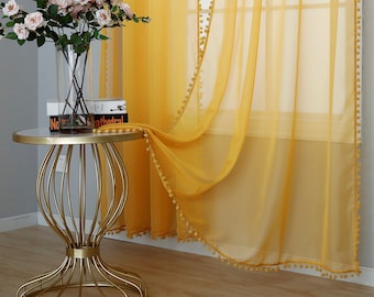 MUSTARD Sheer Pom Pom Voile Panel - Ready to hang with Slot Top Header - 57" Wide Drop Sizes 48", 54", 72" 81" & 90"