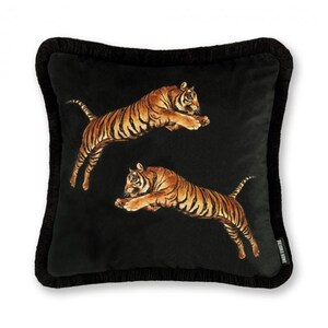 Clearance PALOMA FAITH - 1 x Pouncing Tigers Black Tasseled Edge Feather or Poly Cushion - 43 x 43cm