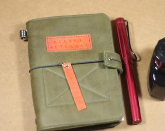 Hand-Stitched Olive Green Leather Journal Cover: Orange Patch, Traveler's Notebook