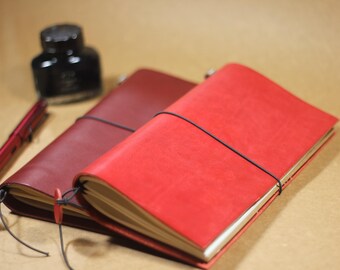 Vachetta Leather Notebook Cover – 210x110mm | Bright Red & Deep Red | Vintage Patina Journal | Custom Initials