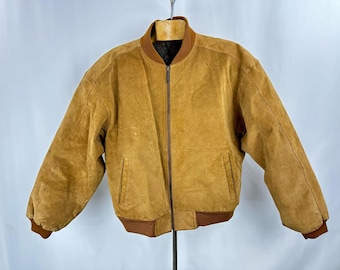 Vintage C&A 100% Genuine Leather Jacket Large Suede Bomber 90s Brown Retro EU 48