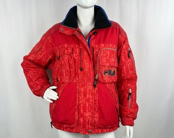 Vintage FILA Ski Jacket, 90s Red Camouflage, Size 2XL