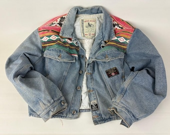 Vintage Patterned Denim Jacket 90s Quilted Lined Unisex Retro Coat - Size Large