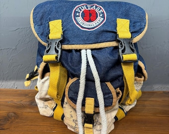 Vintage Denim Backpack – Handmade Retro Rucksack with Map Pockets, One of a Kind