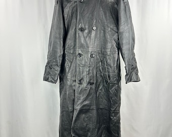 90s Vintage Black Leather Trench Coat Long Double Breasted Real Leather Size XL 54