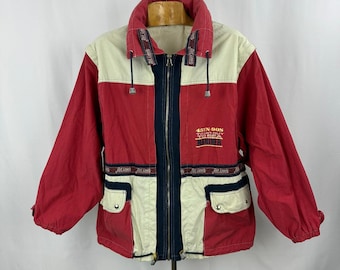 Vintage 90s Color Block Parka Jacket – Red Cream Navy – Unisex Retro Outdoor Windbreaker