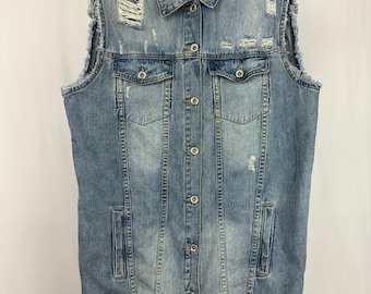 Vintage Denim Vest Miss London | Distressed Sleeveless Jean Jacket | Y2K 90s Grunge Unisex Streetwear
