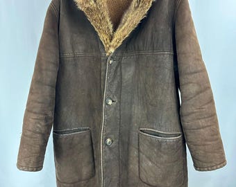 Vintage Genuine Leather / Shearling Coat with Real Fur Collar – Brown – Very Good Condition