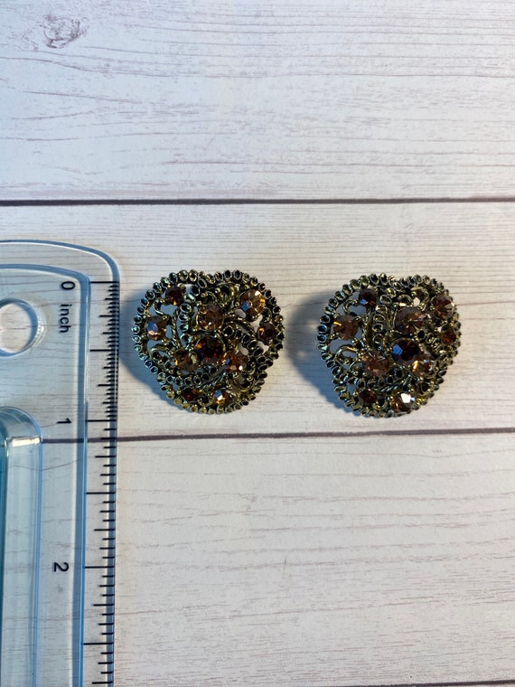 Amber colored rhinestone clip earrings, rootbeer c