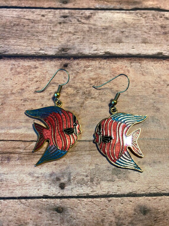 Vtg cloisonne earrings, fish cloisonne earrings, r