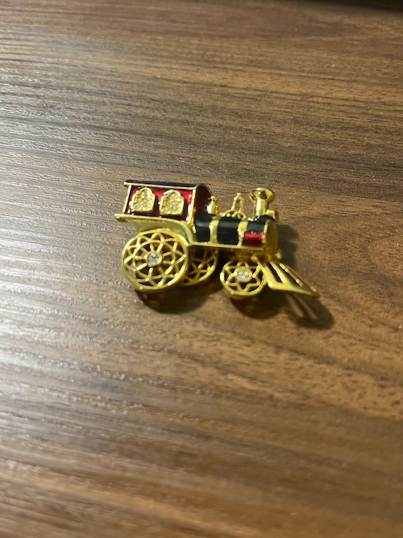 Avon Smithsonian Train Brooch, Red and Gold Enamel