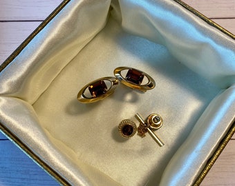 Smoky topaz cufflinks and tie pin, vtg gold and brown rhinestone cufflinks and brown rhinestone tie pin, Hickok Amber rhinestone cufflinks