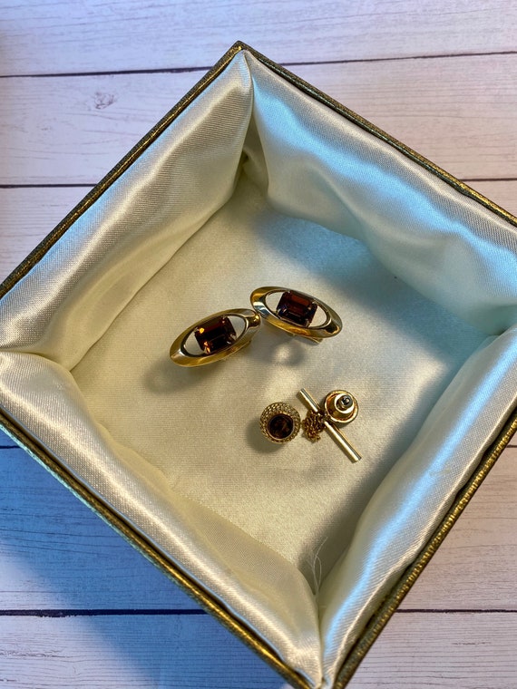 Smoky topaz cufflinks and tie pin, vtg gold and br