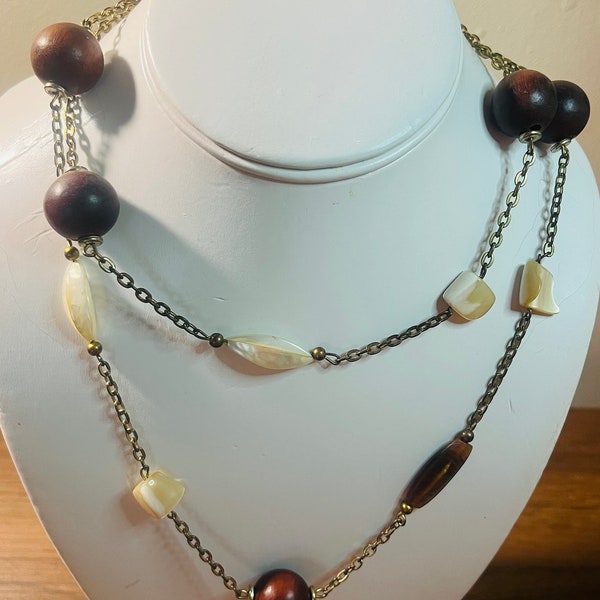 Vintage Gold tone, abalone mother of pearl and wood multi layer chain necklace, 2 layered boho style Cookie Lee necklace, Cookie Lee jewelry