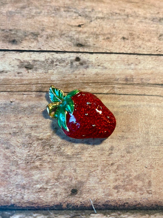 Vtg Enamel Bright Red and Gold Strawberry Brooch,